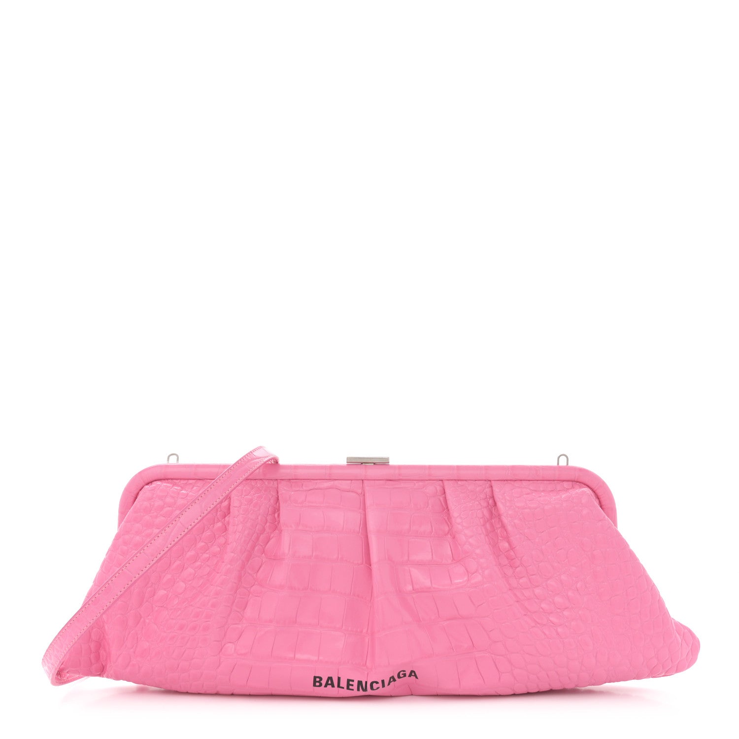 Balenciaga Shiny Supple Calfskin Logo Crocodile Embossed XL Cloud Clutch Pink 1 of 12