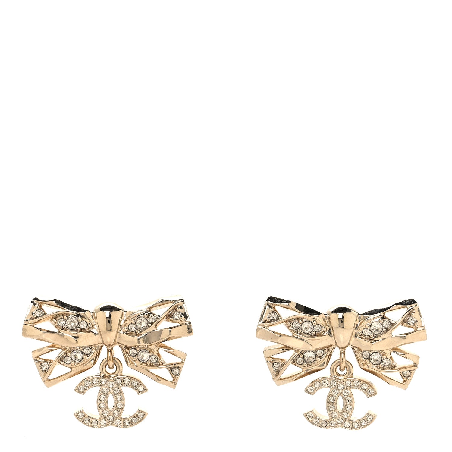 Chanel Crystal CC Bow Drop Earrings Gold 1 of 5