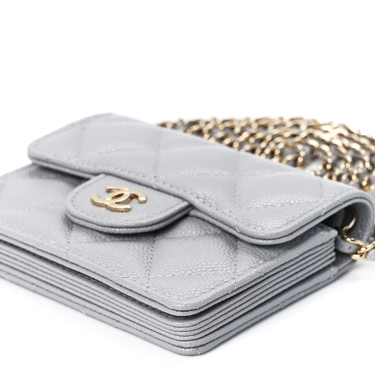 Caviar Quilted Flap Card Holder On Chain Grey