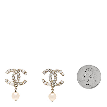 Chanel Crystal Pearl CC Drop Earrings Gold Pearly White 2 of 5