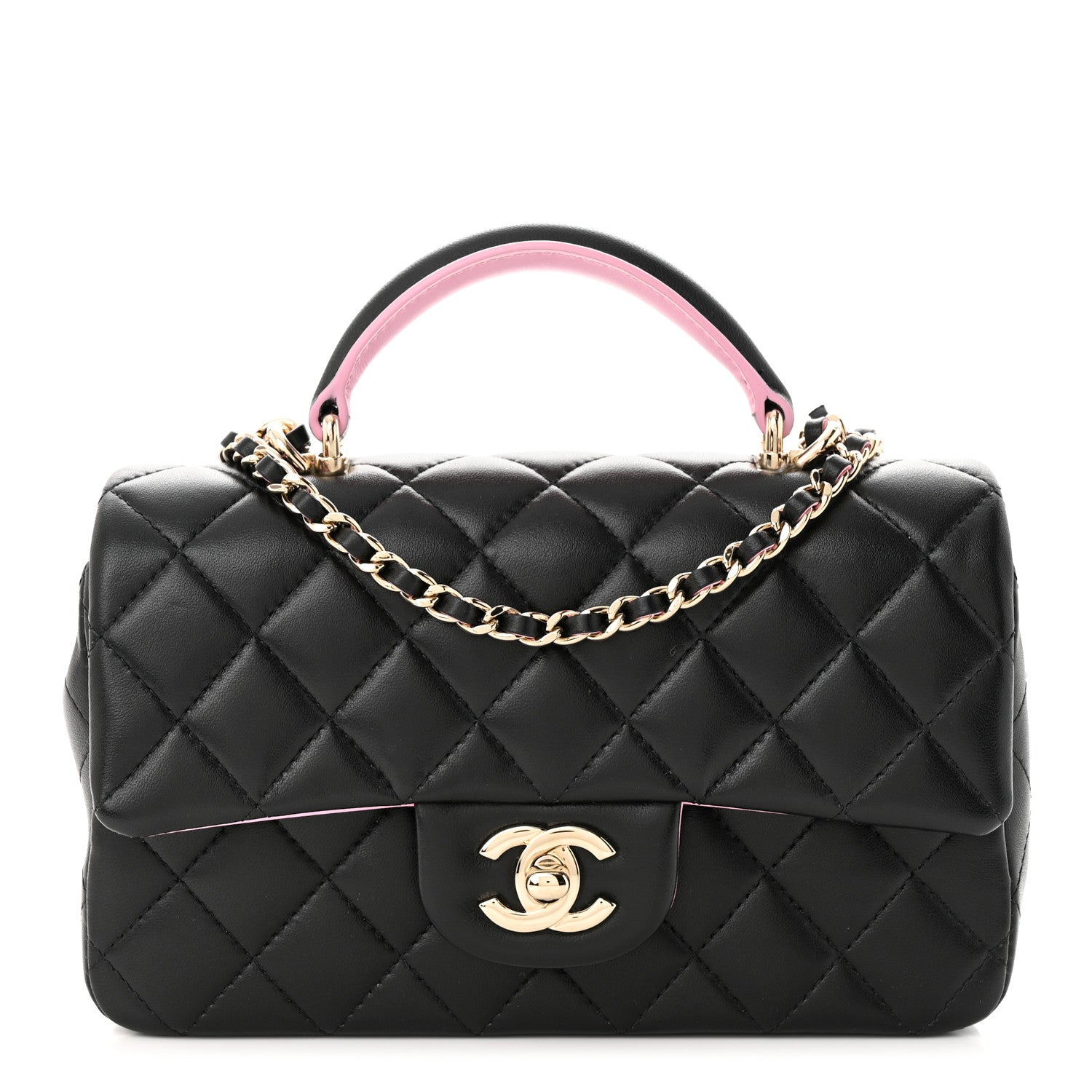 Chanel Lambskin Quilted Bi-Color Mini Top Handle Rectangular Flap Black Lilac 1 of 12
