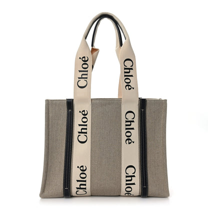 Chloe Linen Calfskin Medium Woody Ribbon Tote White Blue 1 of 8
