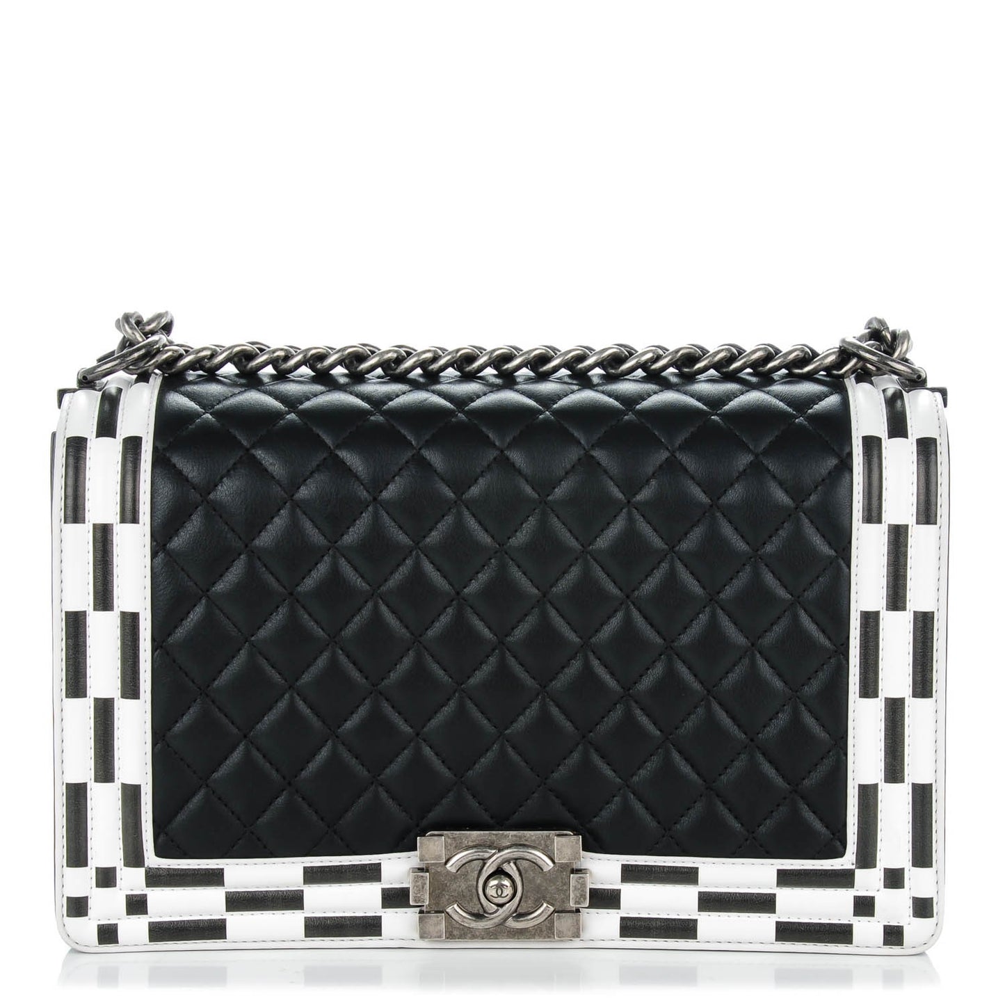 Calfskin Quilted Checkerboard Trim New Medium Boy Flap Black White