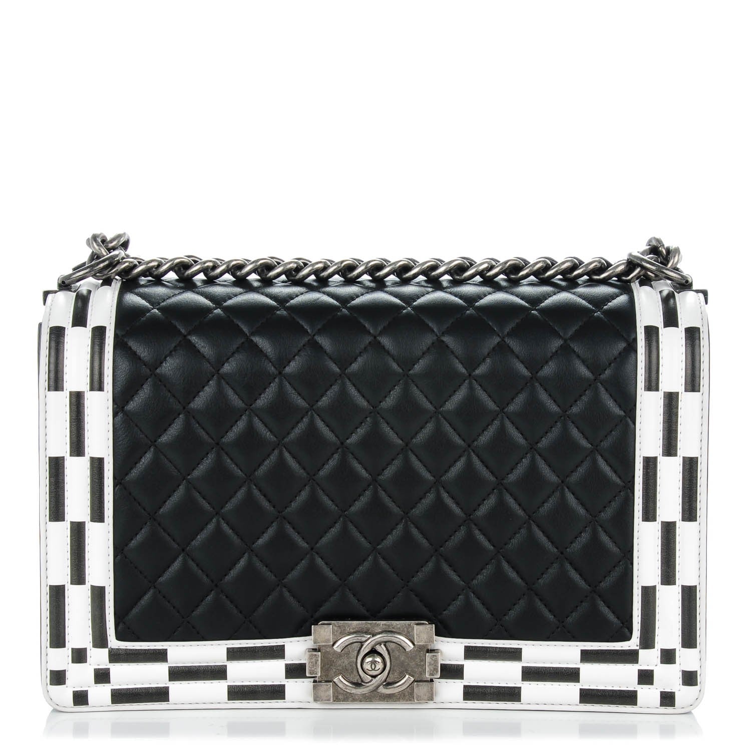 Chanel Calfskin Quilted Checkerboard Trim New Medium Boy Flap Black White 1 of 7