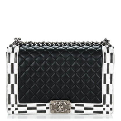 Chanel Calfskin Quilted Checkerboard Trim New Medium Boy Flap Black White 1 of 7