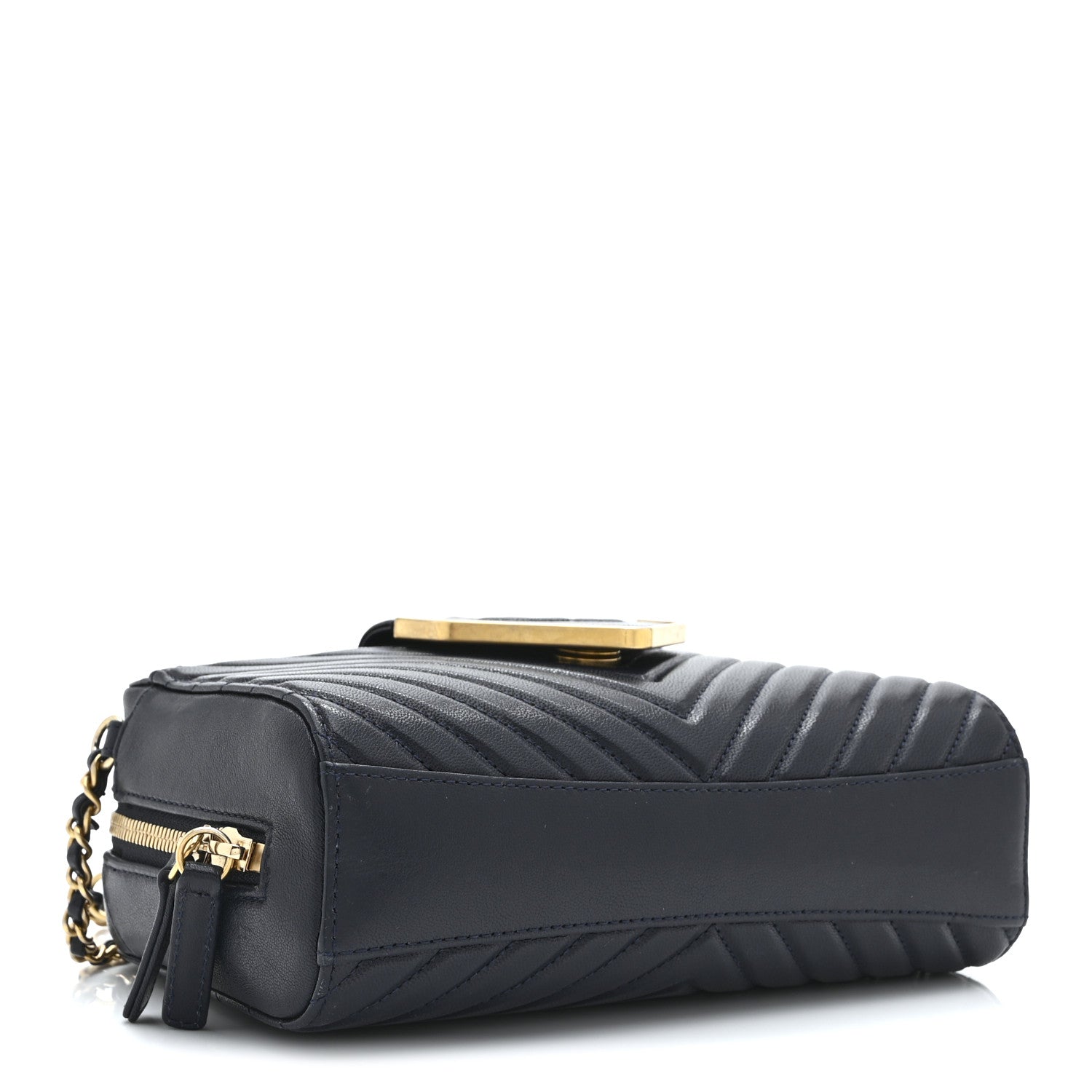 Chanel Shiny Sheepskin Chevron Quilted  Collar and Tie Camera Case Navy 4 of 10