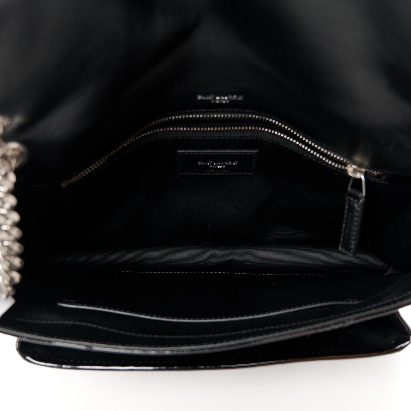 Patent Matelasse Monogram Medium Niki Chain Satchel Black