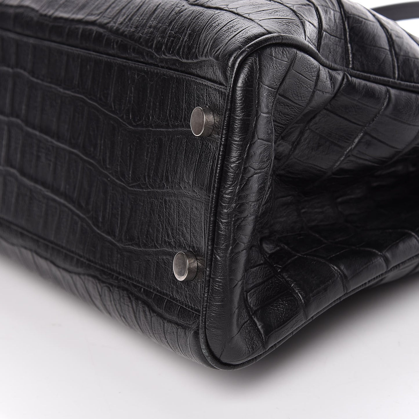 Calfskin Crocodile Embossed Medium Trois Class Tote Black