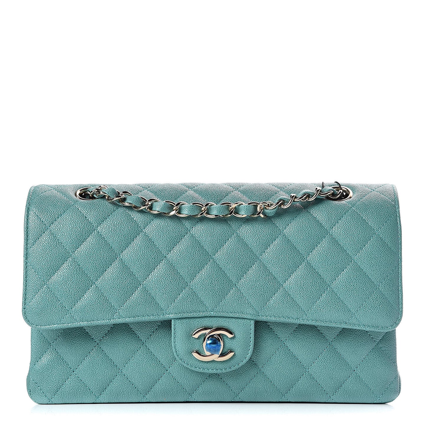 Iridescent Caviar Quilted Medium Double Flap Green