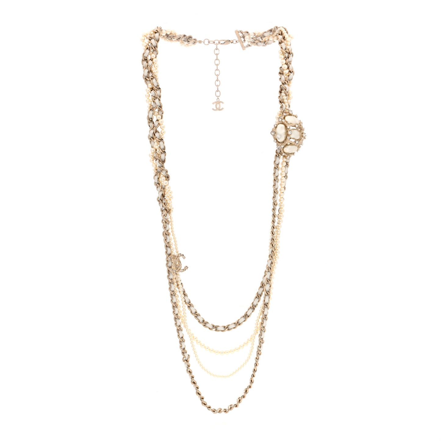 Pearl Crystal Lambskin Multi Strand CC Necklace Pearly White