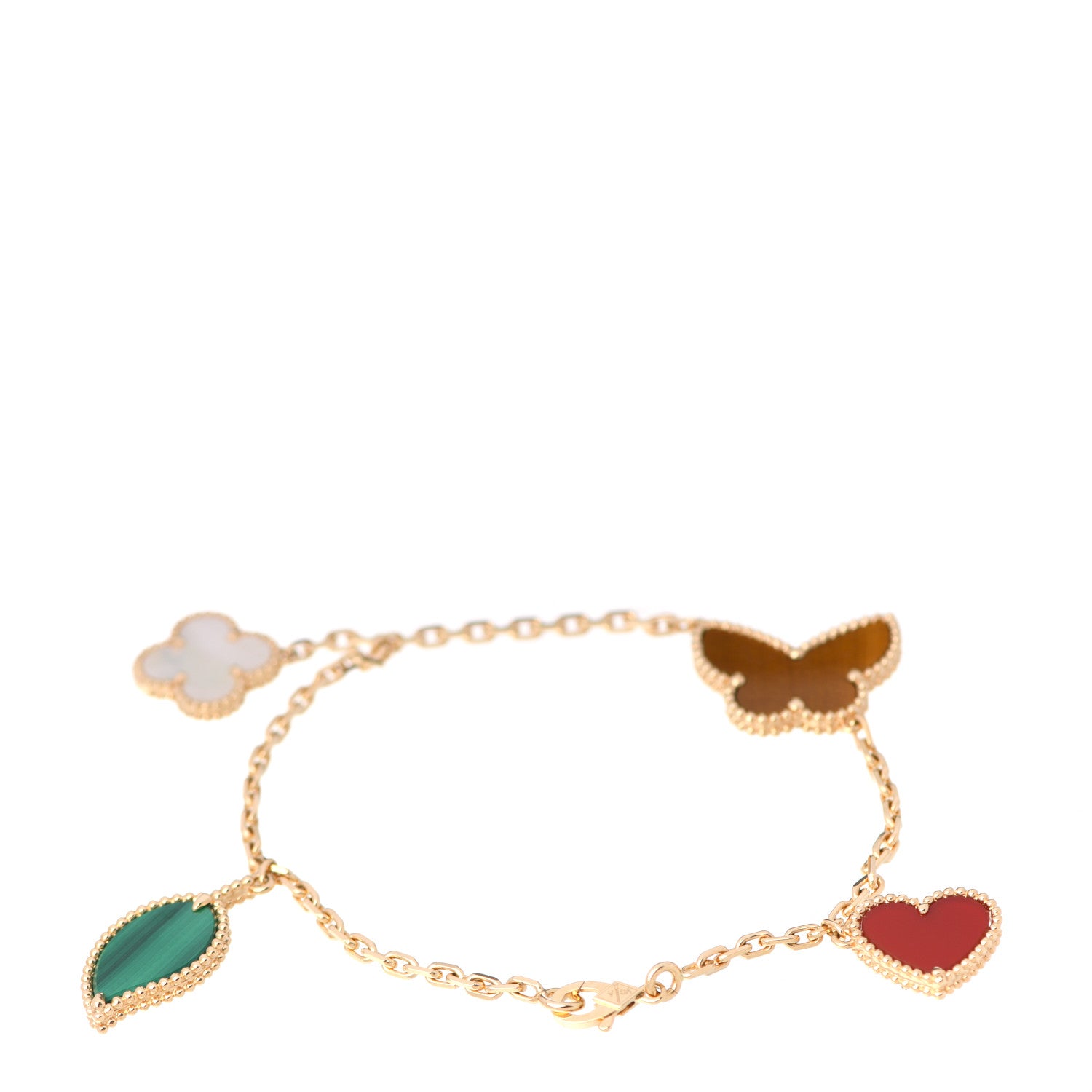 Van Cleef & Arpels 18K Yellow Gold Mother of Pearl Malachite Carnelian Tiger Eye 4 Motifs Lucky Alhambra Bracelet 3 of 6
