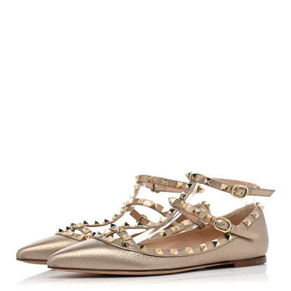 Valentino Garavani Metallic Pebbled Calfskin Rockstud Cage Ballerina Flats 38 Sasso Poudre 3 of 9