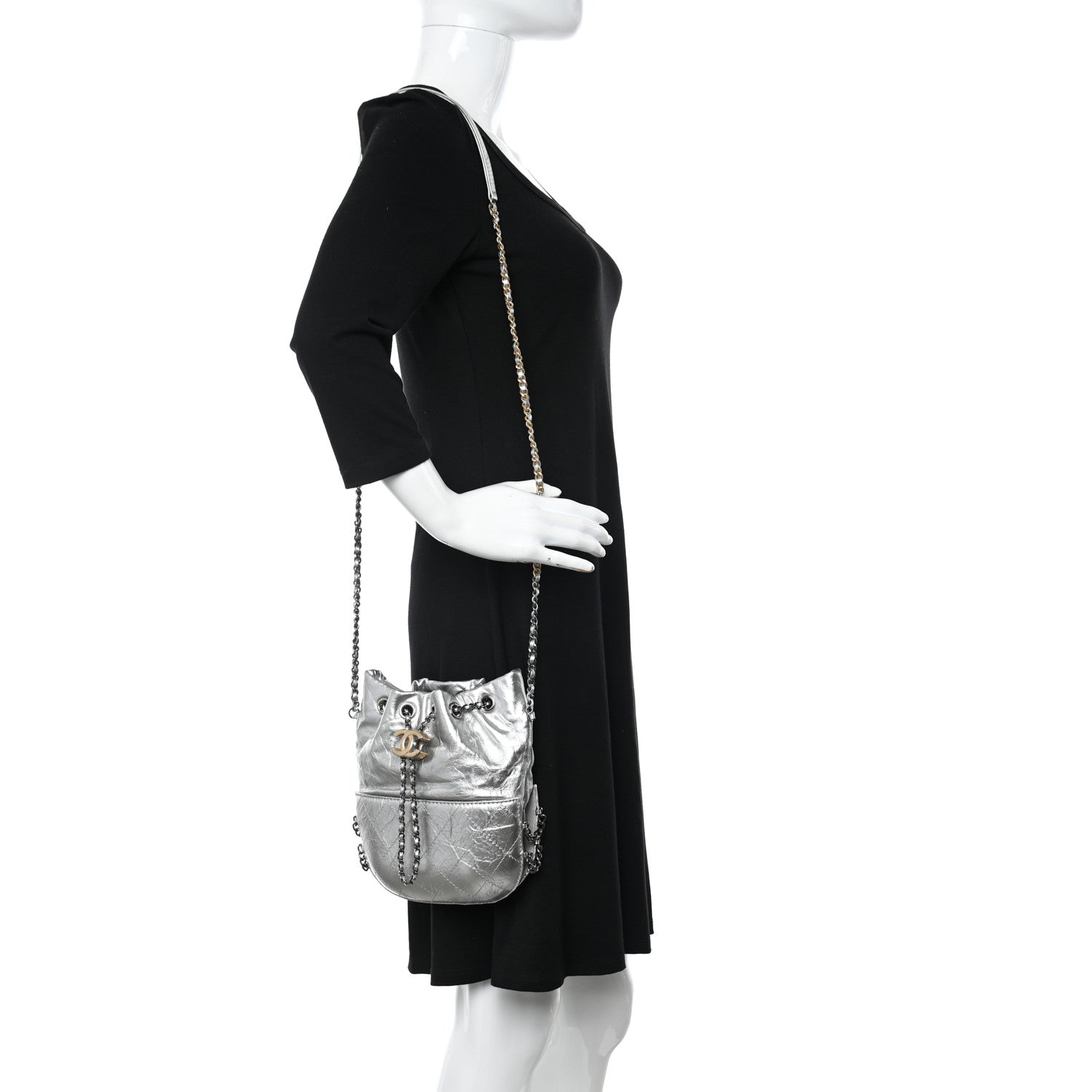 Chanel Metallic Aged Calfskin Quilted Small Gabrielle Bucket Silver 2 of 11