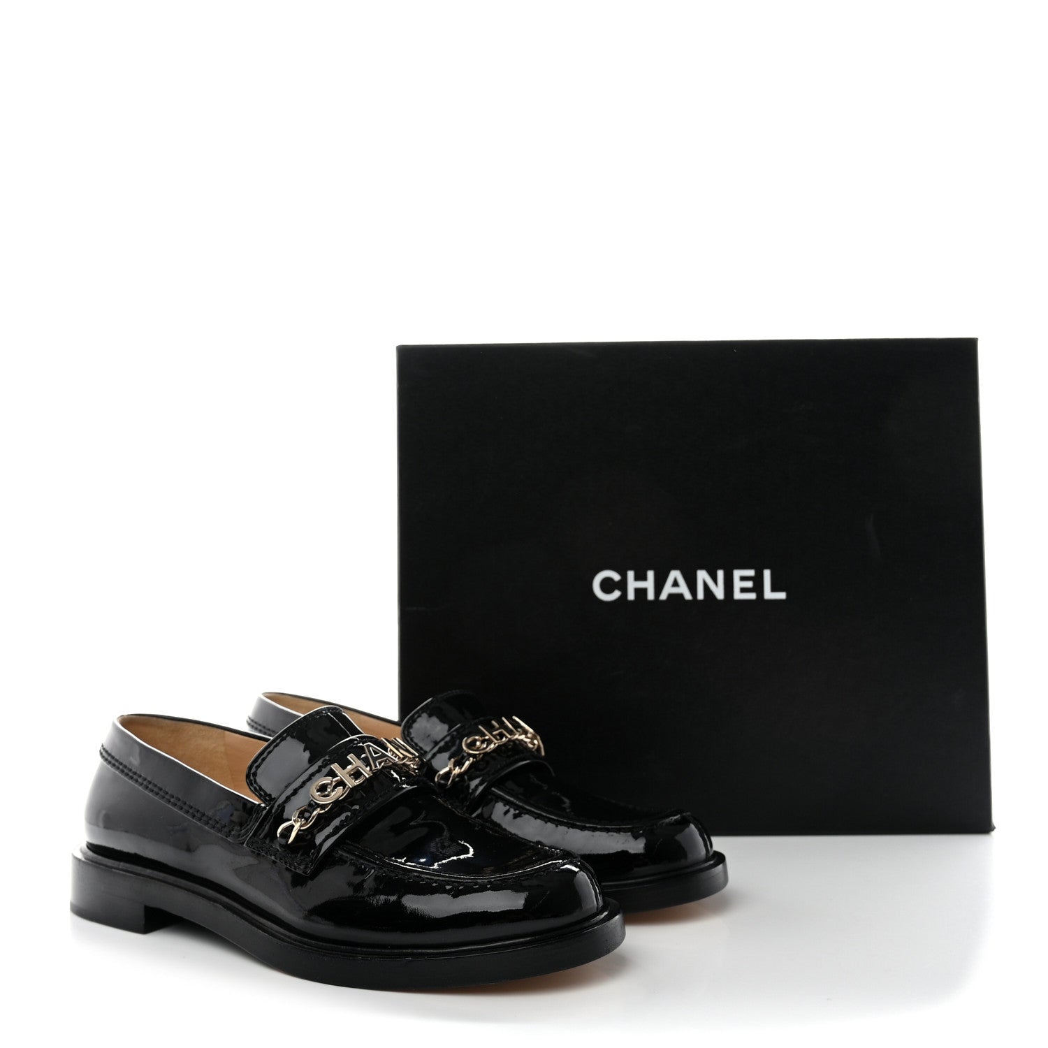 Chanel Shiny Calfskin Logo Loafers 36.5 Black 10 of 10