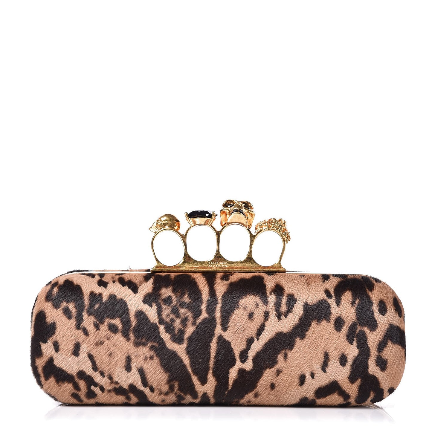 Calf Hair Leopard Print Knuckle Box Clutch Brown Black