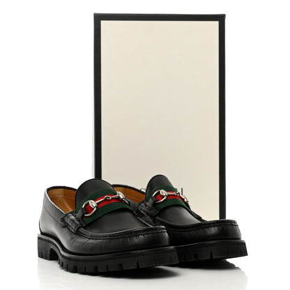 Gucci Cirano Lux Web Mens Horsebit Lug Sole Loafers 8 Black 9 of 9