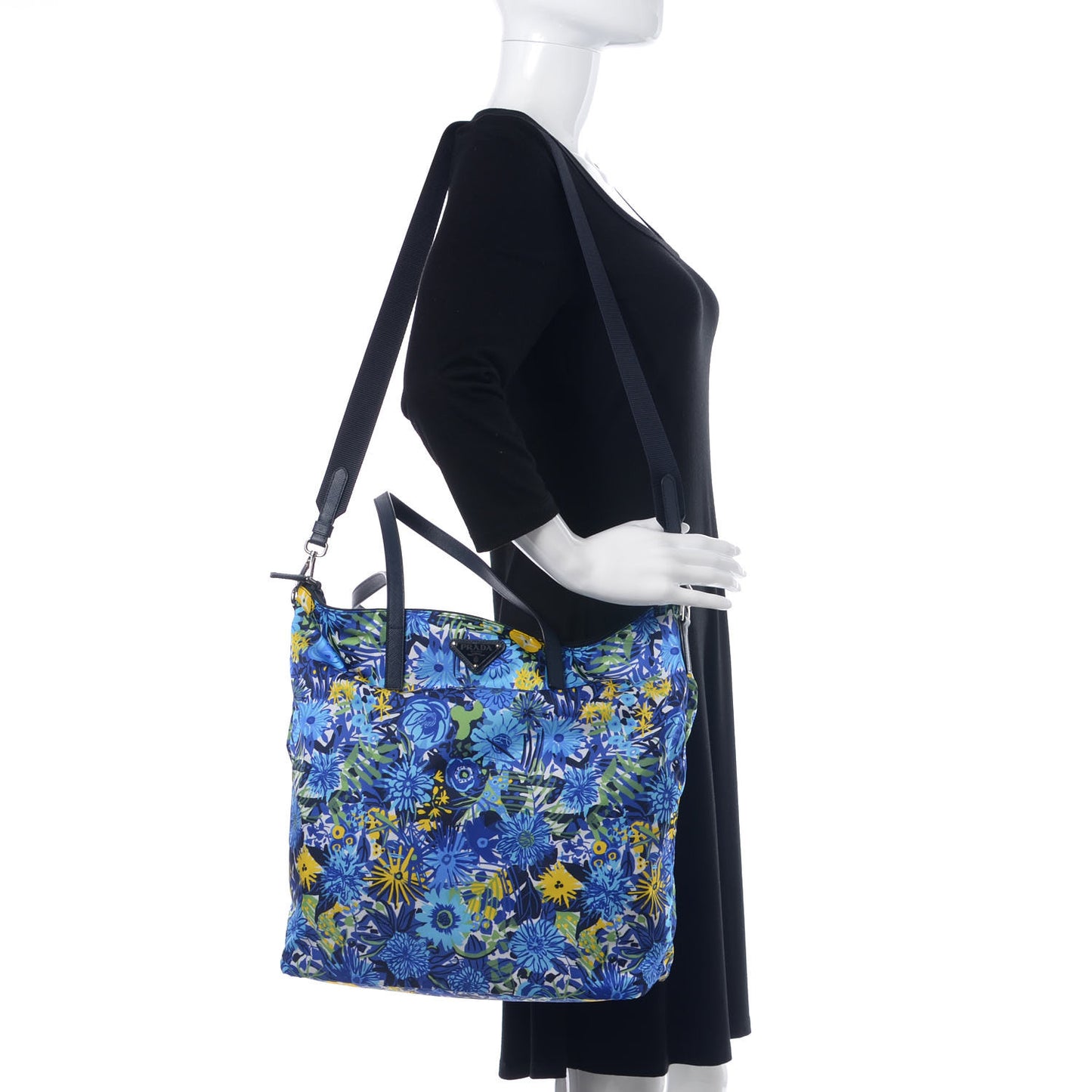Tessuto Nylon Saffiano Floral Print Tote Bluette Dis Primule