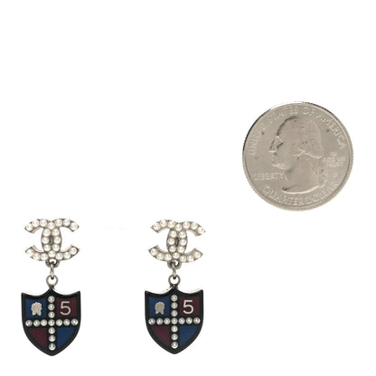 Chanel Pearl Enamel CC Shield Drop Earrings Silver 2 of 4