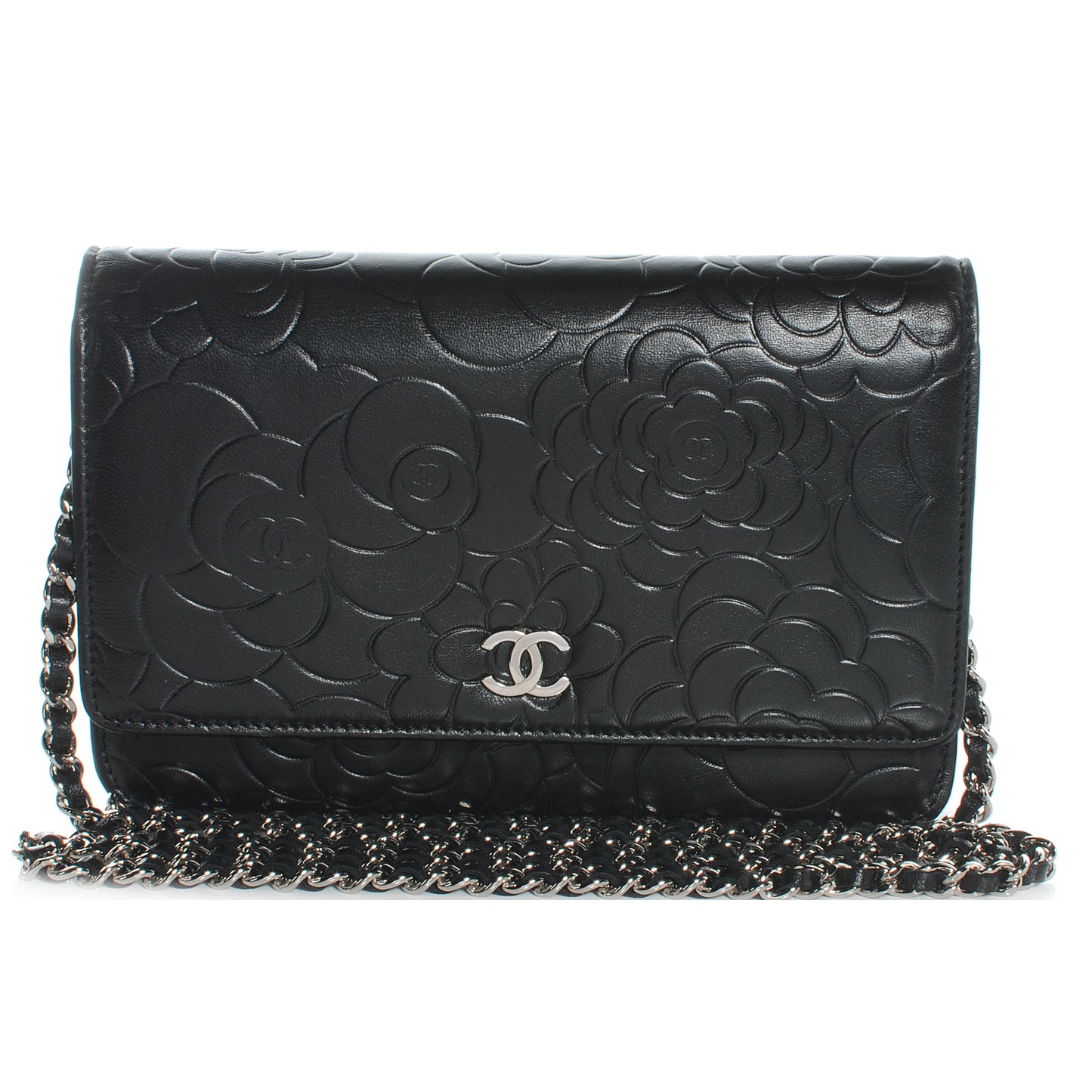 Lambskin Camelia Wallet on Chain Black