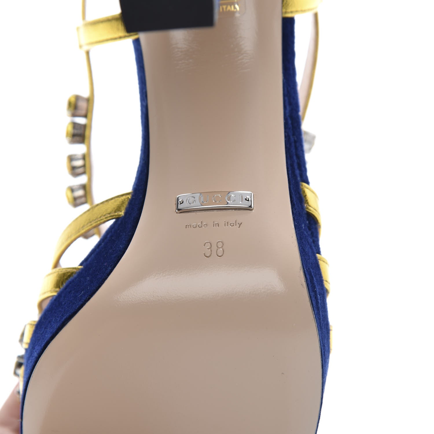 Gucci Velvet Nappa Crystal Zephyra Slingback Platform High Heel Sandals 38 Blue Gold 7 of 8