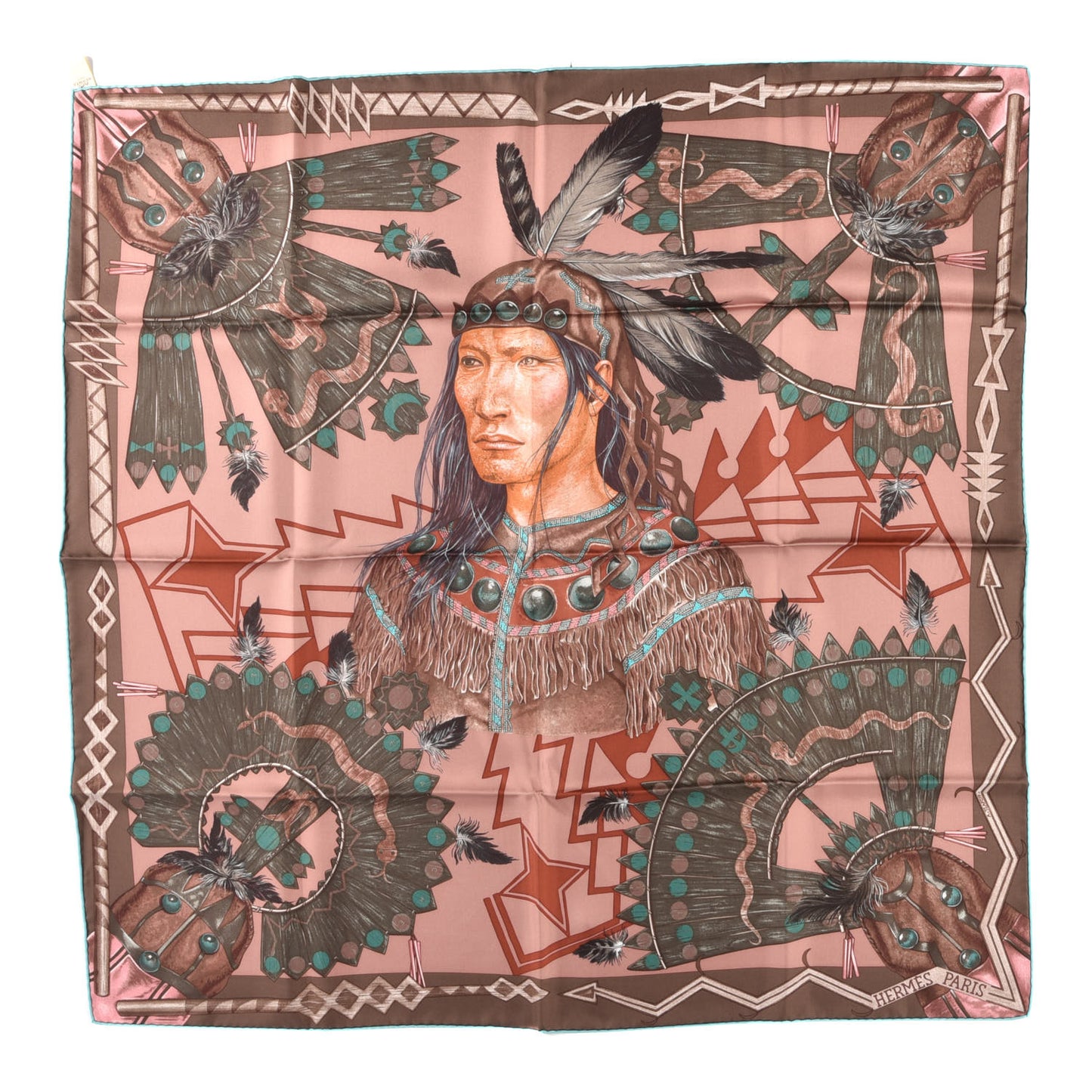 Silk Cosmogonie Apache Scarf 90 Marron Bois De Rose Turquoise