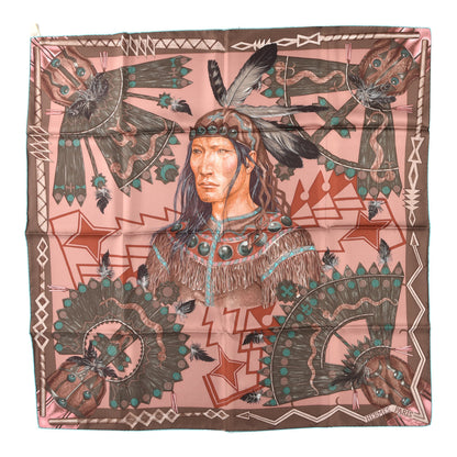 Hermes Silk Cosmogonie Apache Scarf 90 Marron Bois De Rose Turquoise 1 of 5
