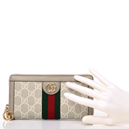 Gucci GG Supreme Monogram Textured Dollar Calfskin Web Ophidia Zip Around Wallet Beige Mystic White Oatmeal 2 of 10