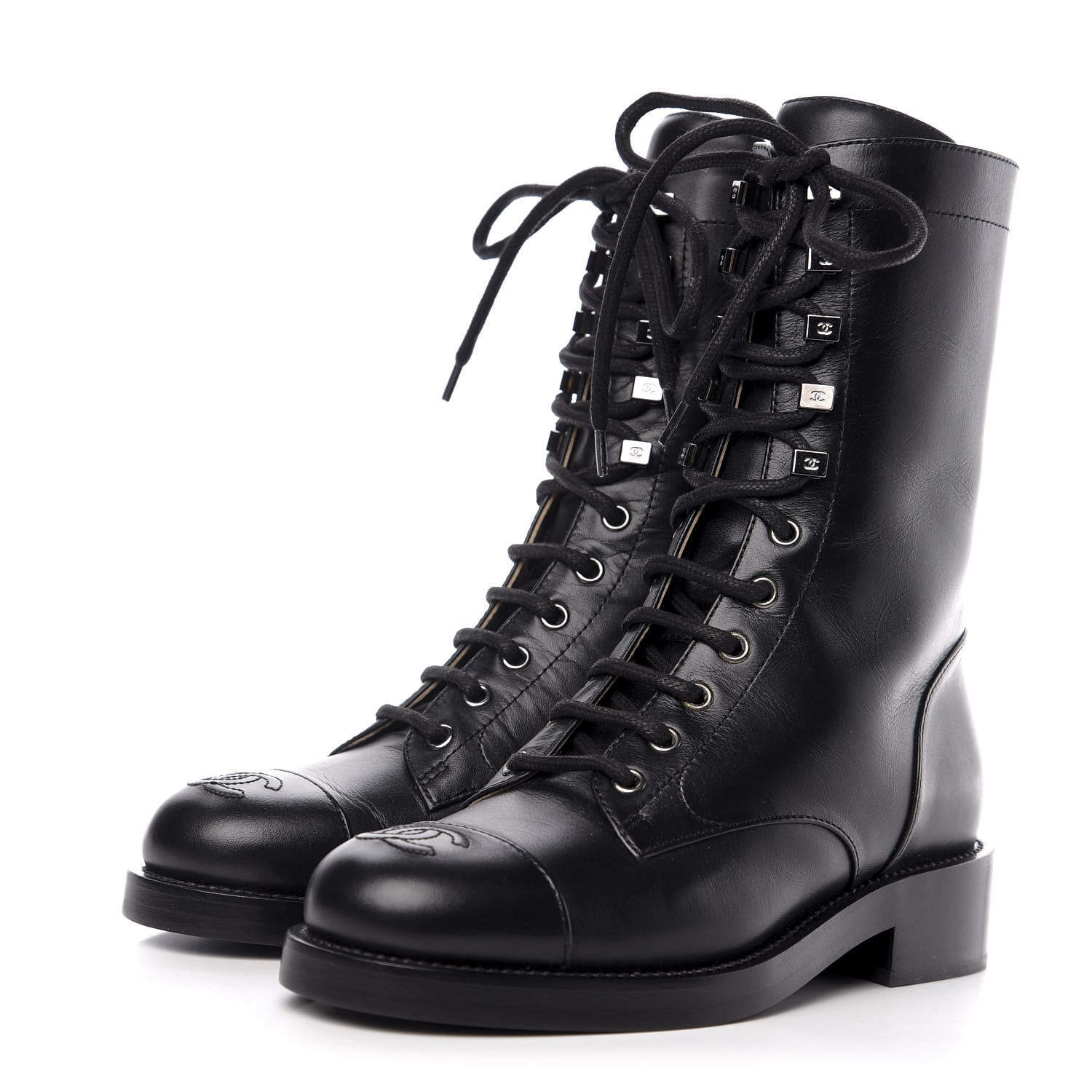 Chanel Lambskin Lace Up Combat Boots 36 Black 3 of 9