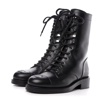 Chanel Lambskin Lace Up Combat Boots 36 Black 3 of 9