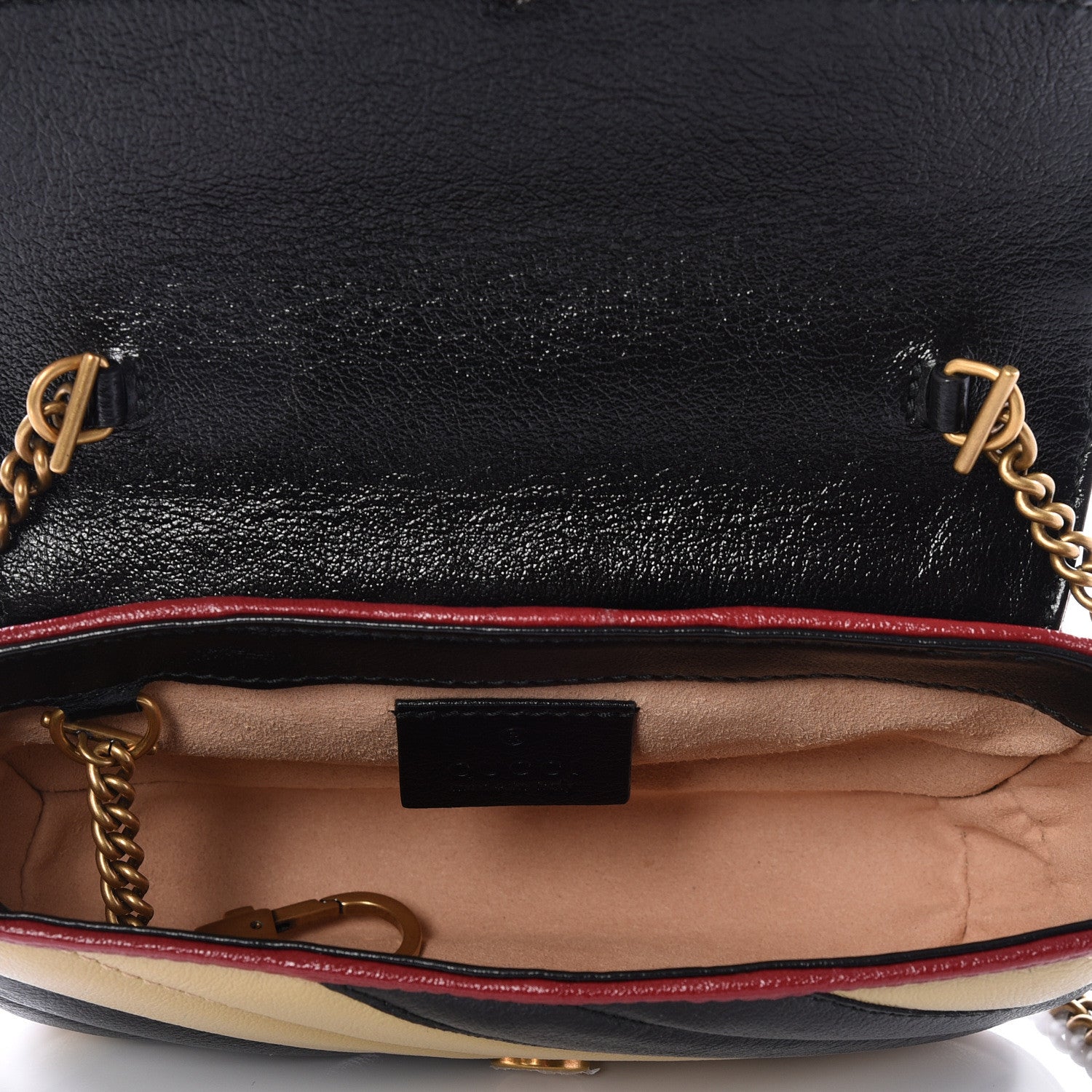 Gucci Vintage Effect Calfskin Matelasse Diagonal Striped Super Mini Torchon GG Marmont Shoulder Bag Black Beige 4 of 10
