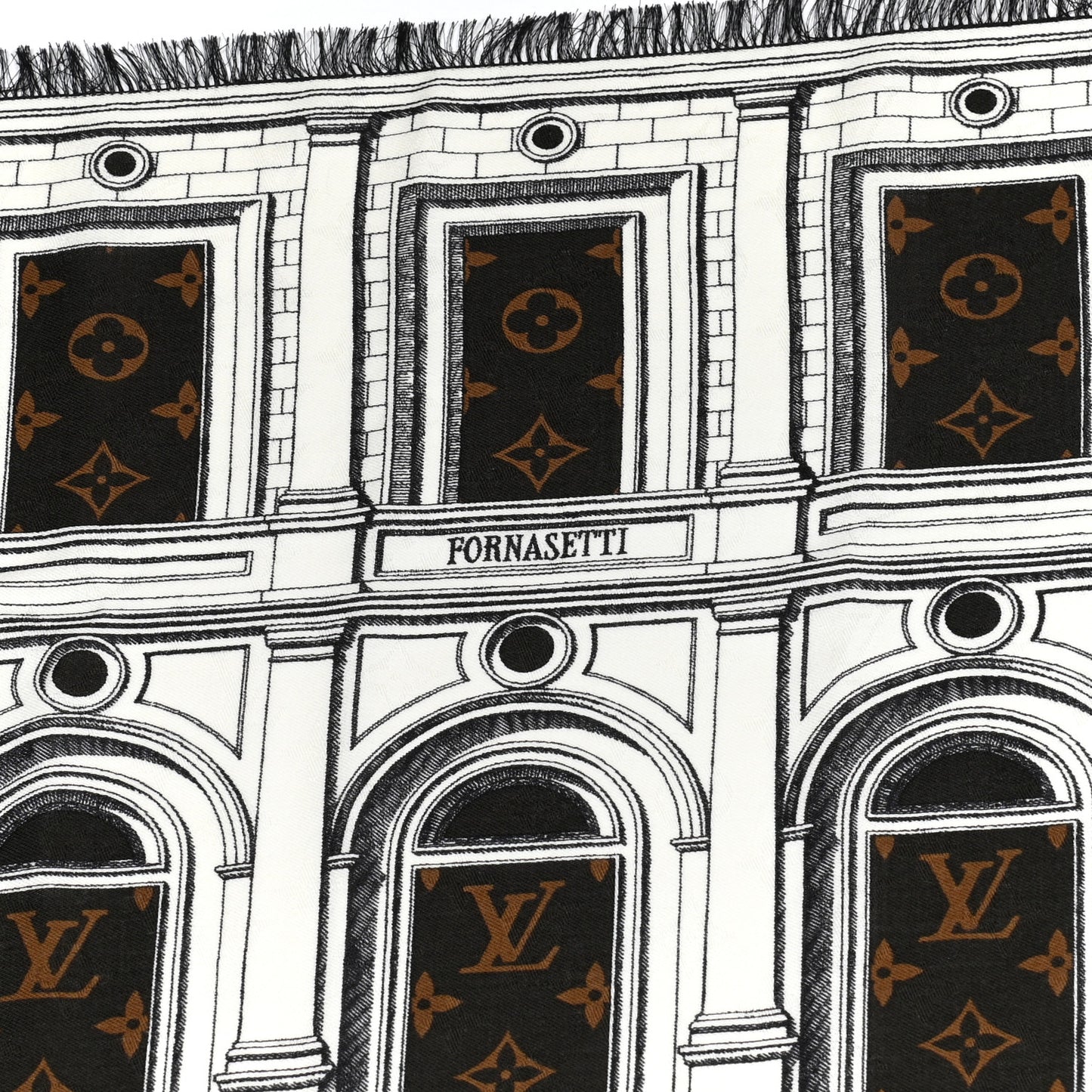 X FORNASETTI Wool Silk Architettura Shawl Brown