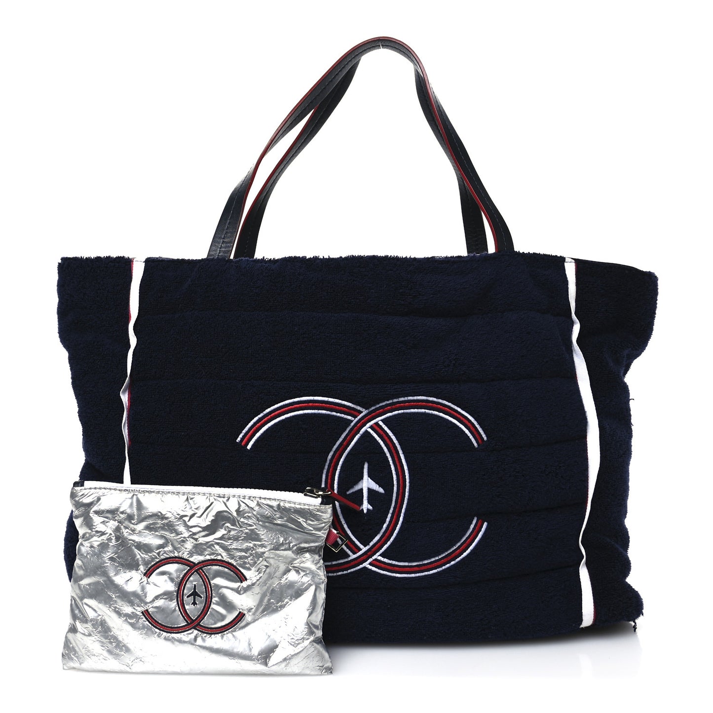 Nylon Terry Cloth Reversible Chanel Airlines Tote Silver Navy