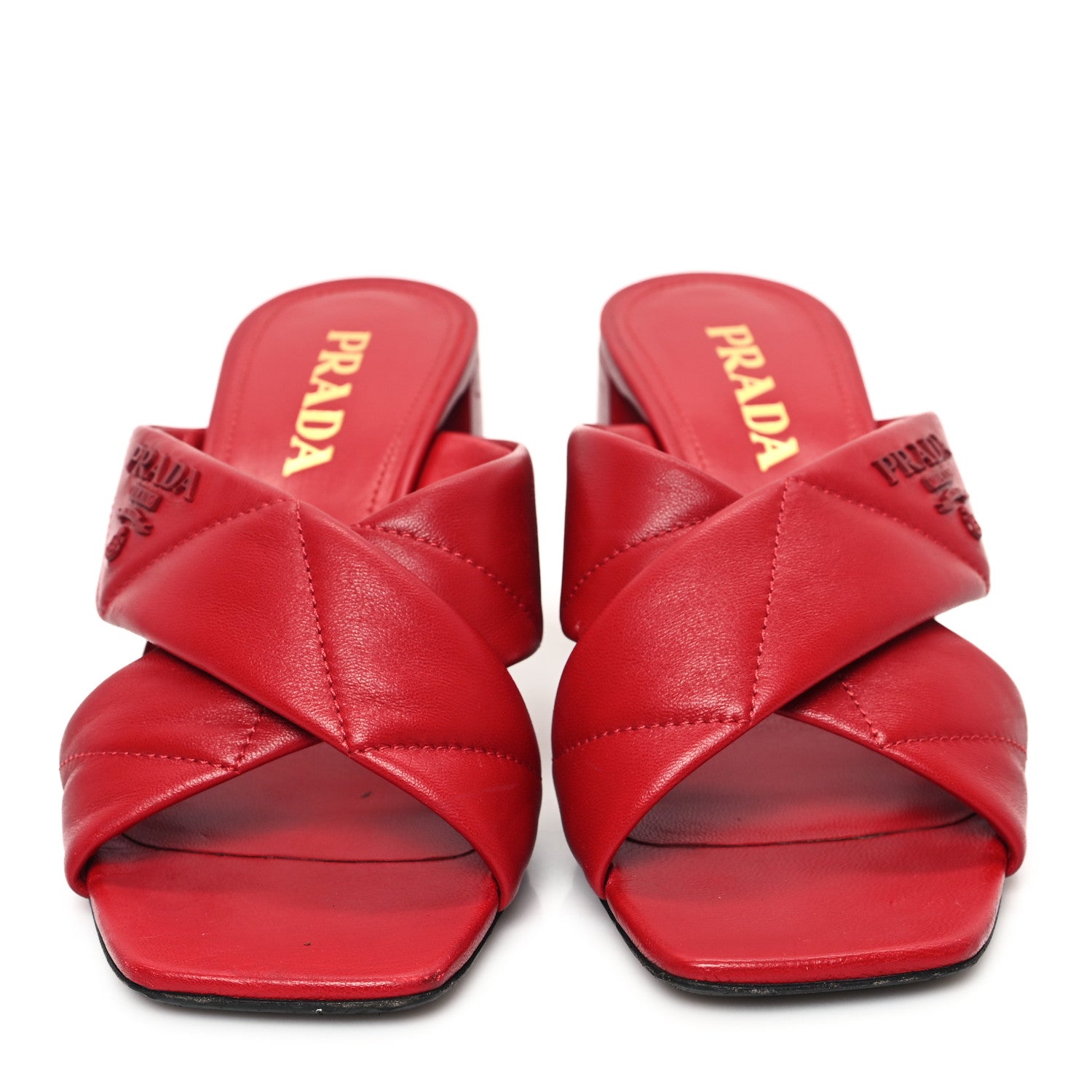 Prada Nappa Logo Quilted Crisscross 65mm Block Heel Slide Sandals 38 Red 3 of 10