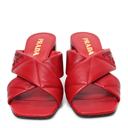 Prada Nappa Logo Quilted Crisscross 65mm Block Heel Slide Sandals 38 Red 3 of 10