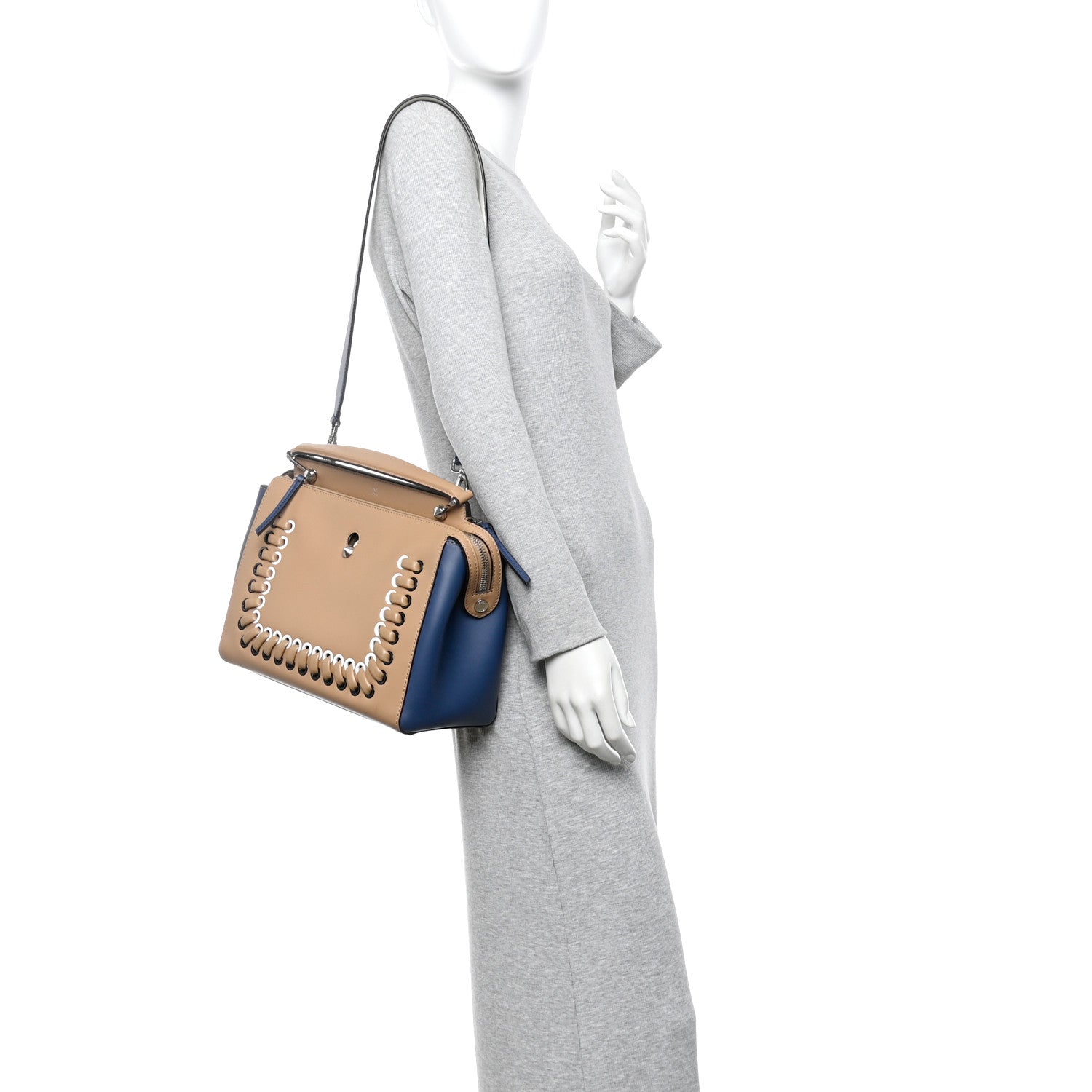 Fendi Vitello Baltico Dolce Shiny Nappa Lace Up DotCom Satchel Cuoio Ceruleo 2 of 14