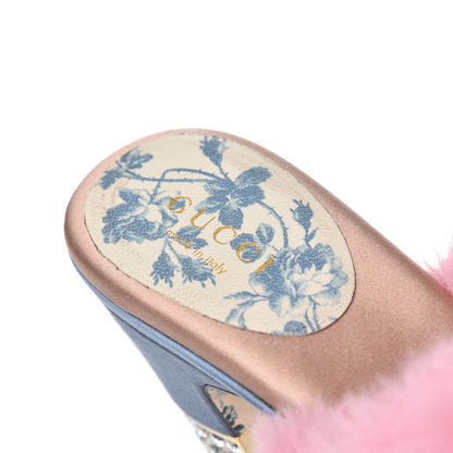 Gucci Faux Fur Silk Satin Crystal Candy Mules 38 Rosa Carta Zucchero 9 of 14