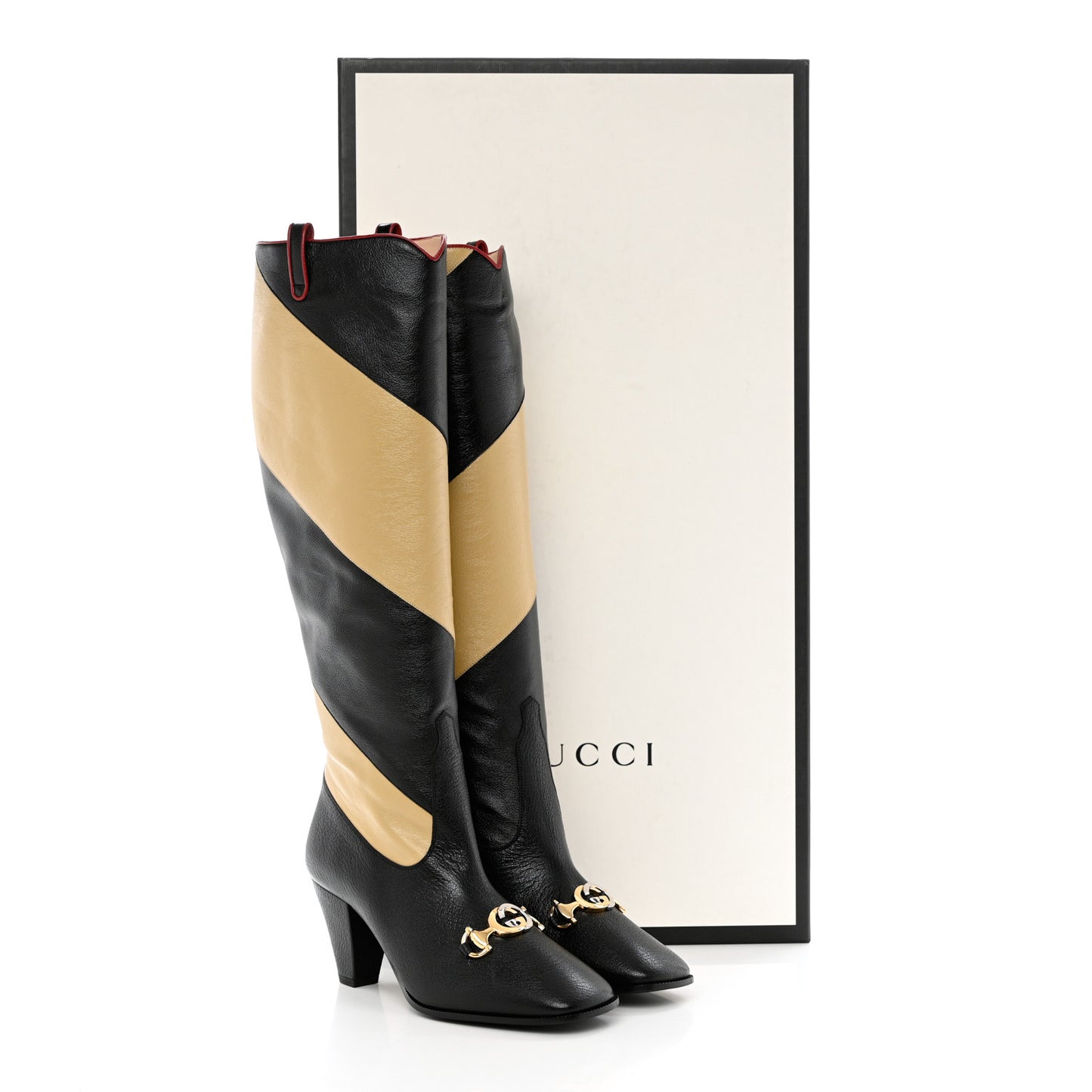 Calfskin Wrinkled Kid Diagonal Striped Zumi Knee Boots 36 Black Beige Romantic Cherry