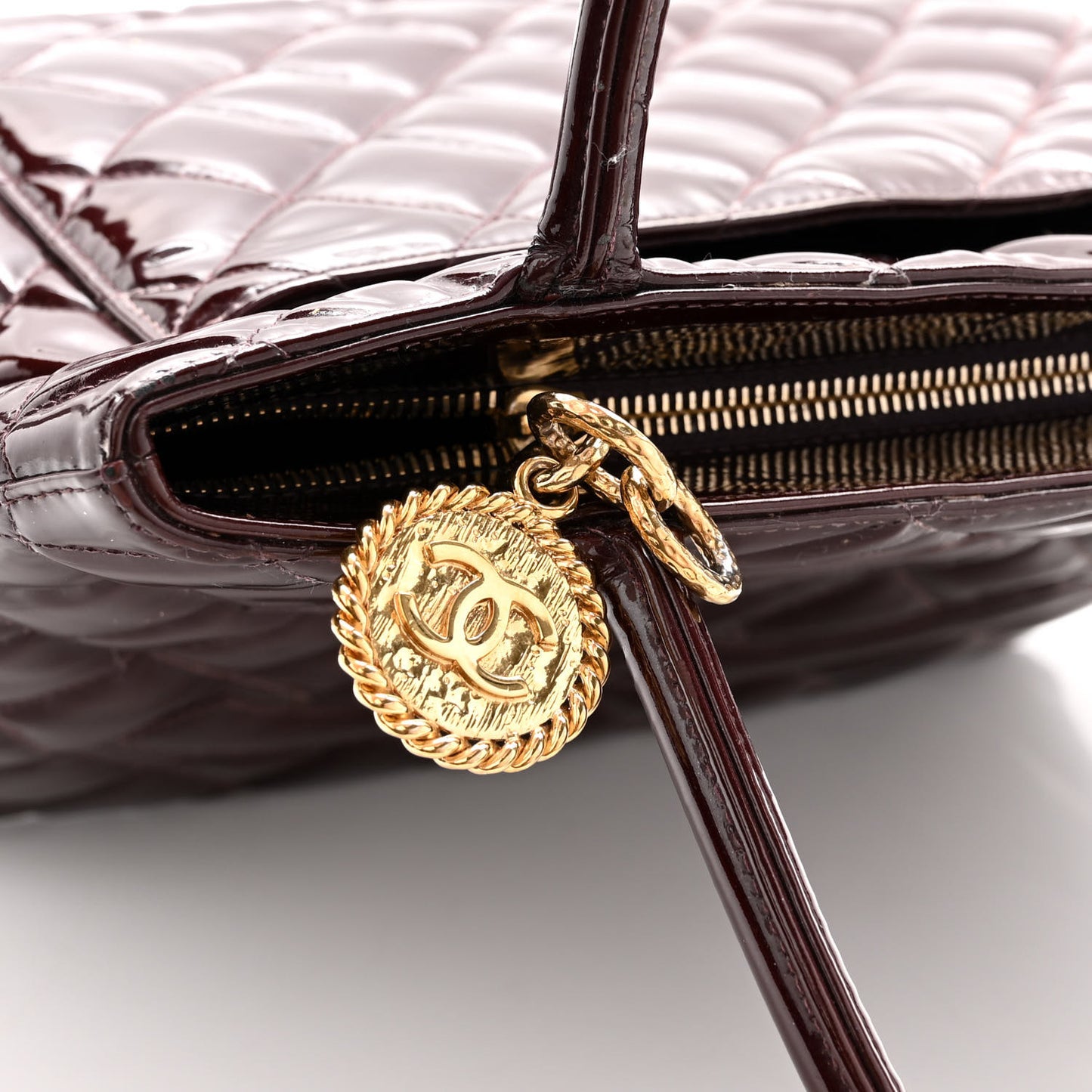 Patent Quilted Medallion Tote Burgundy