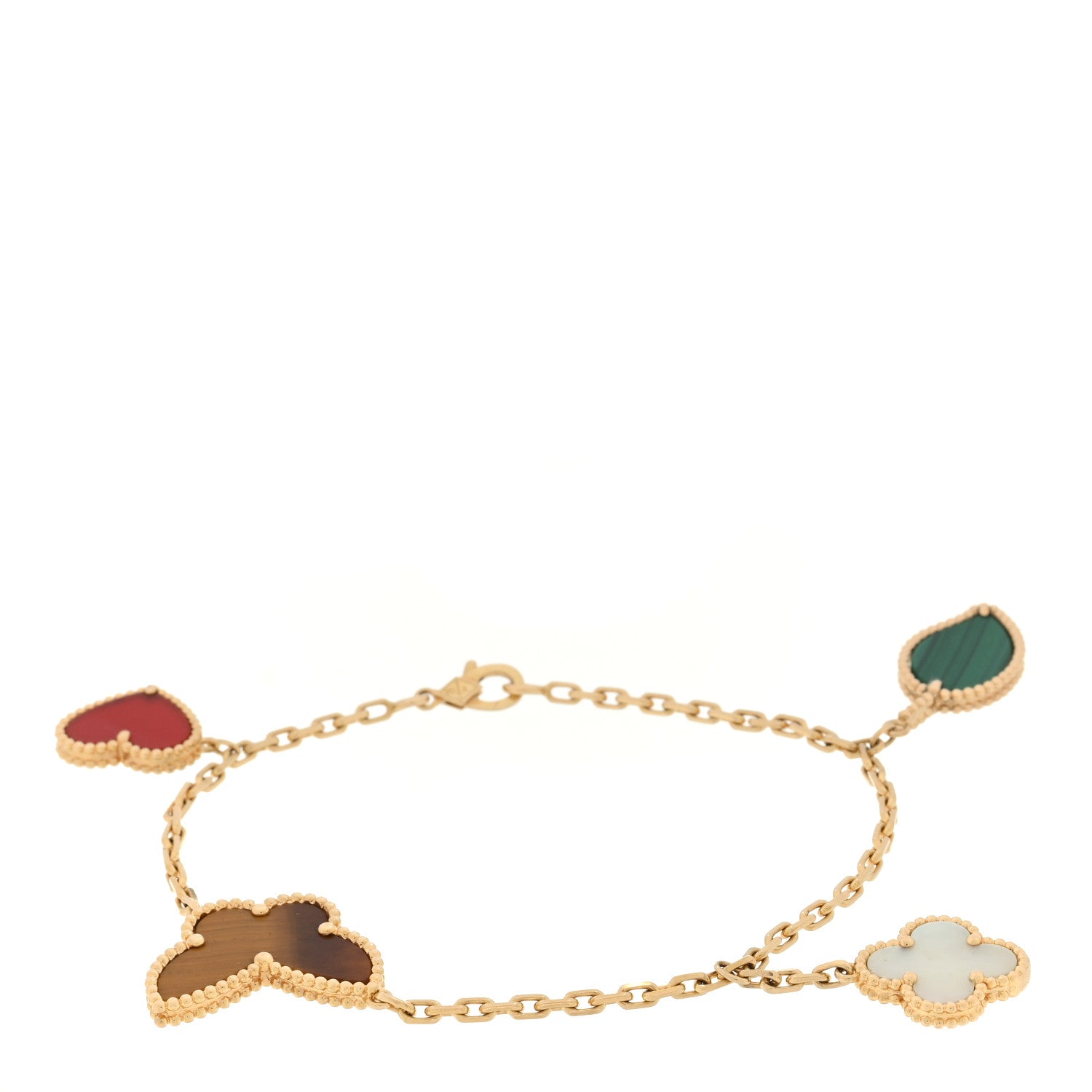 Van Cleef & Arpels 18K Yellow Gold Mother of Pearl Malachite Carnelian Tiger Eye 4 Motifs Lucky Alhambra Bracelet 1 of 3