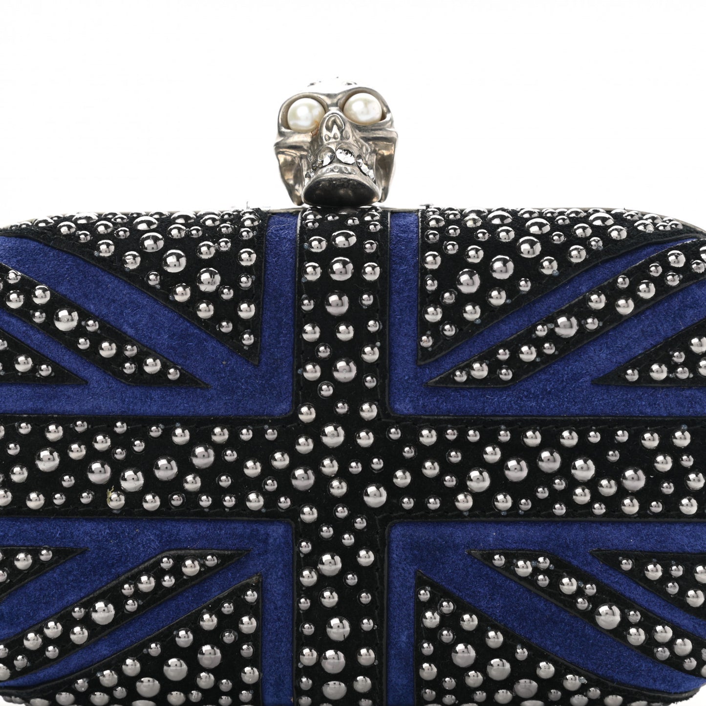 Suede Studded Britannia Skull Box Clutch Blue Black