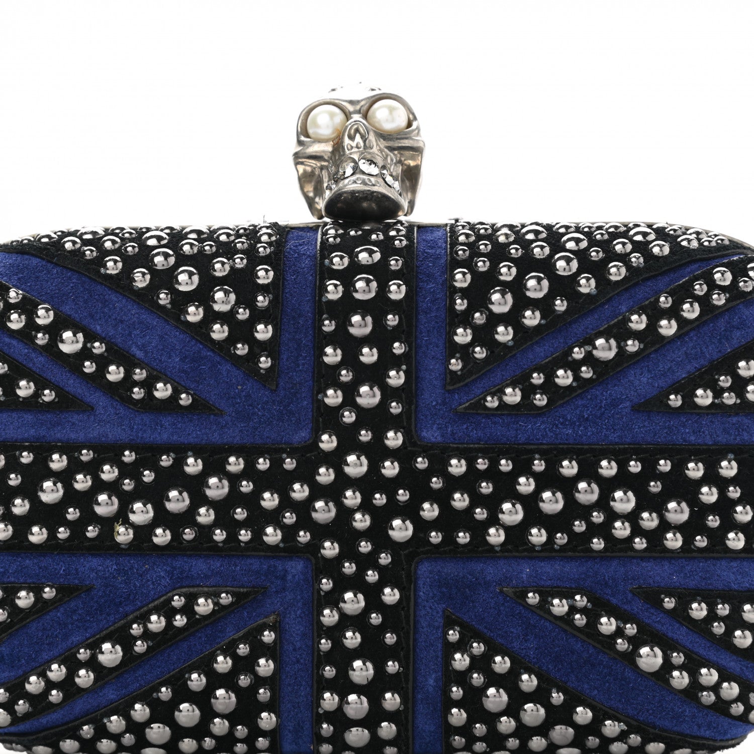 Alexander McQueen Suede Studded Britannia Skull Box Clutch Blue Black 8 of 11