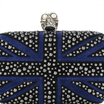 Alexander McQueen Suede Studded Britannia Skull Box Clutch Blue Black 8 of 11