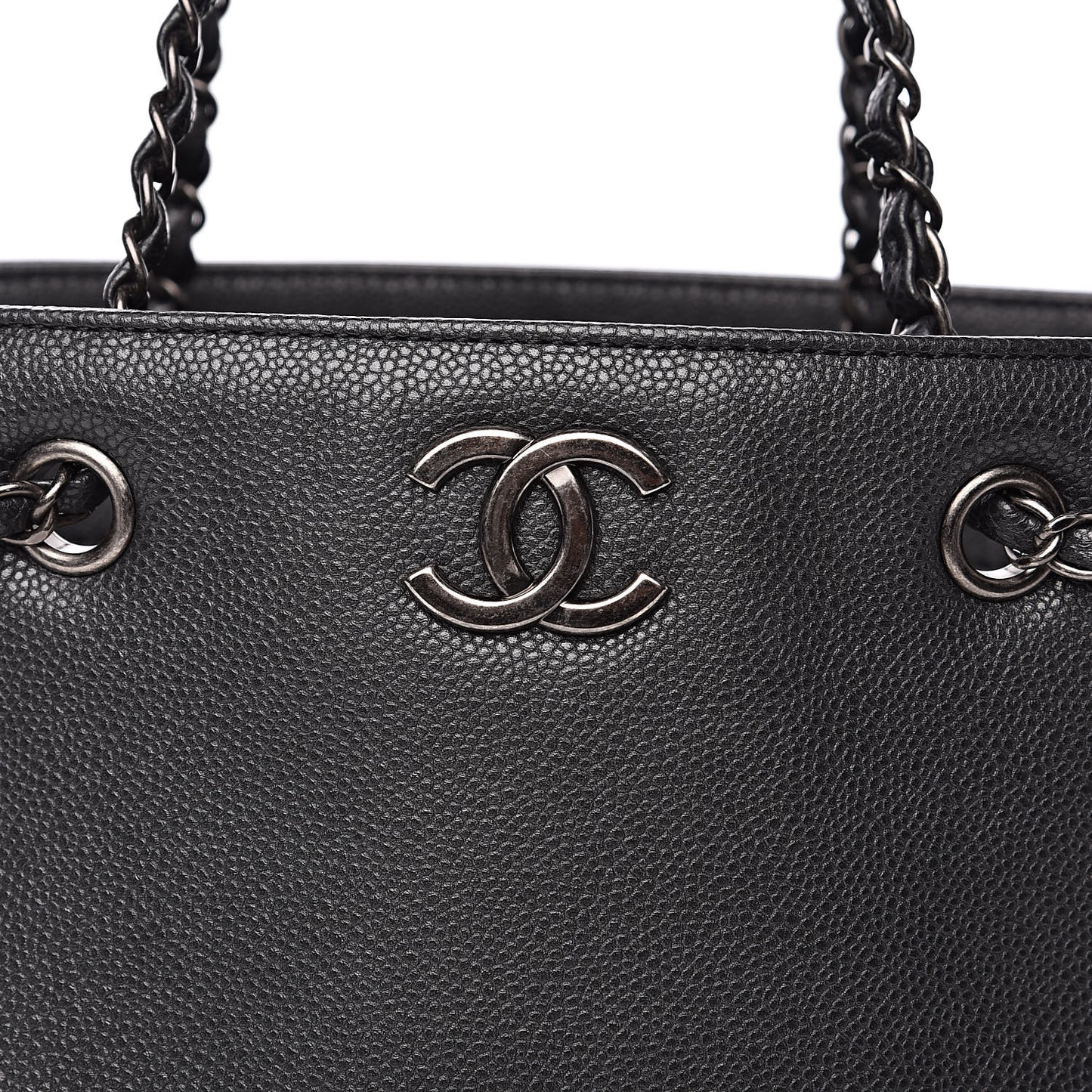 Metallic Grained Calfskin Medium Woven Chain Shopping Tote Black