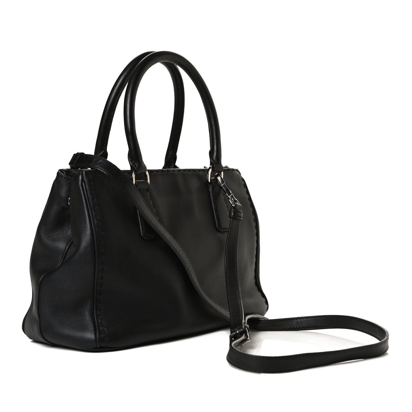 City Calf Hand Stitched Small Galleria Double Zip Tote Black