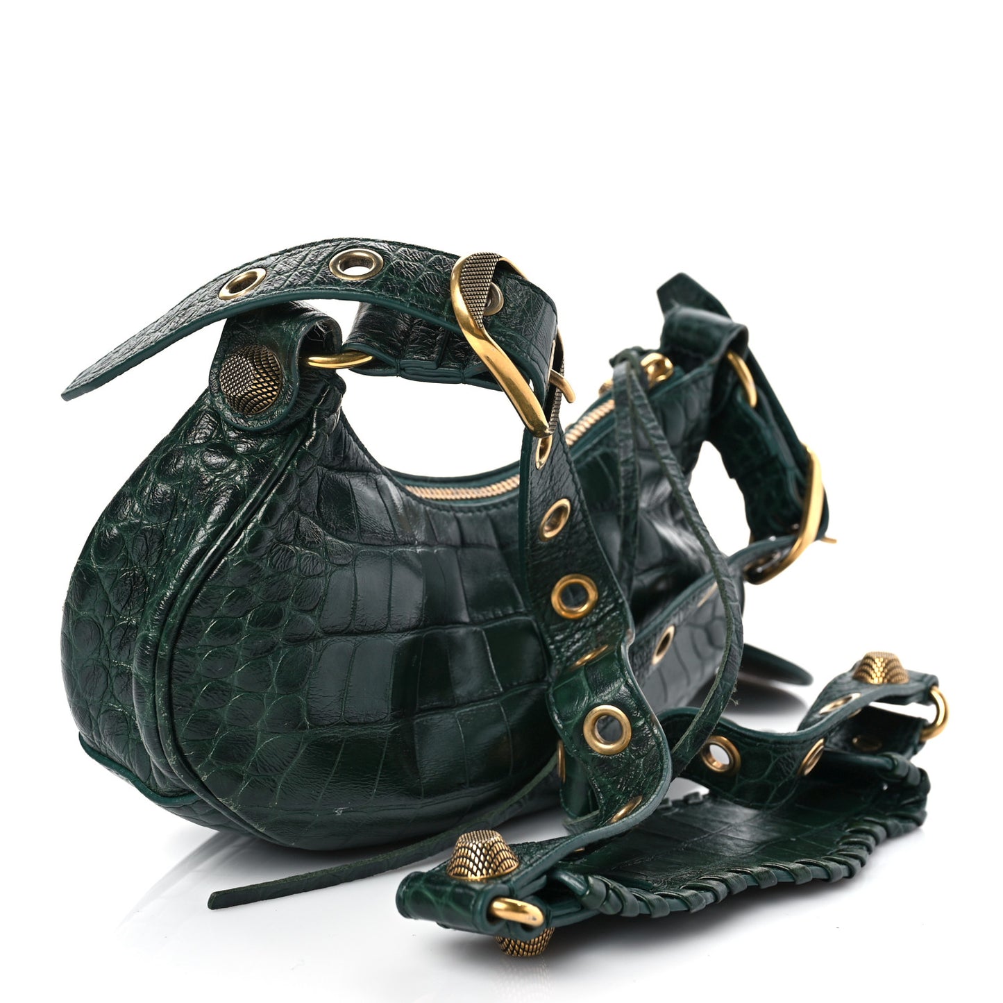 Extra Supple Calfskin Crocodile Embossed Le Cagole Shoulder Bag XS Forest Green
