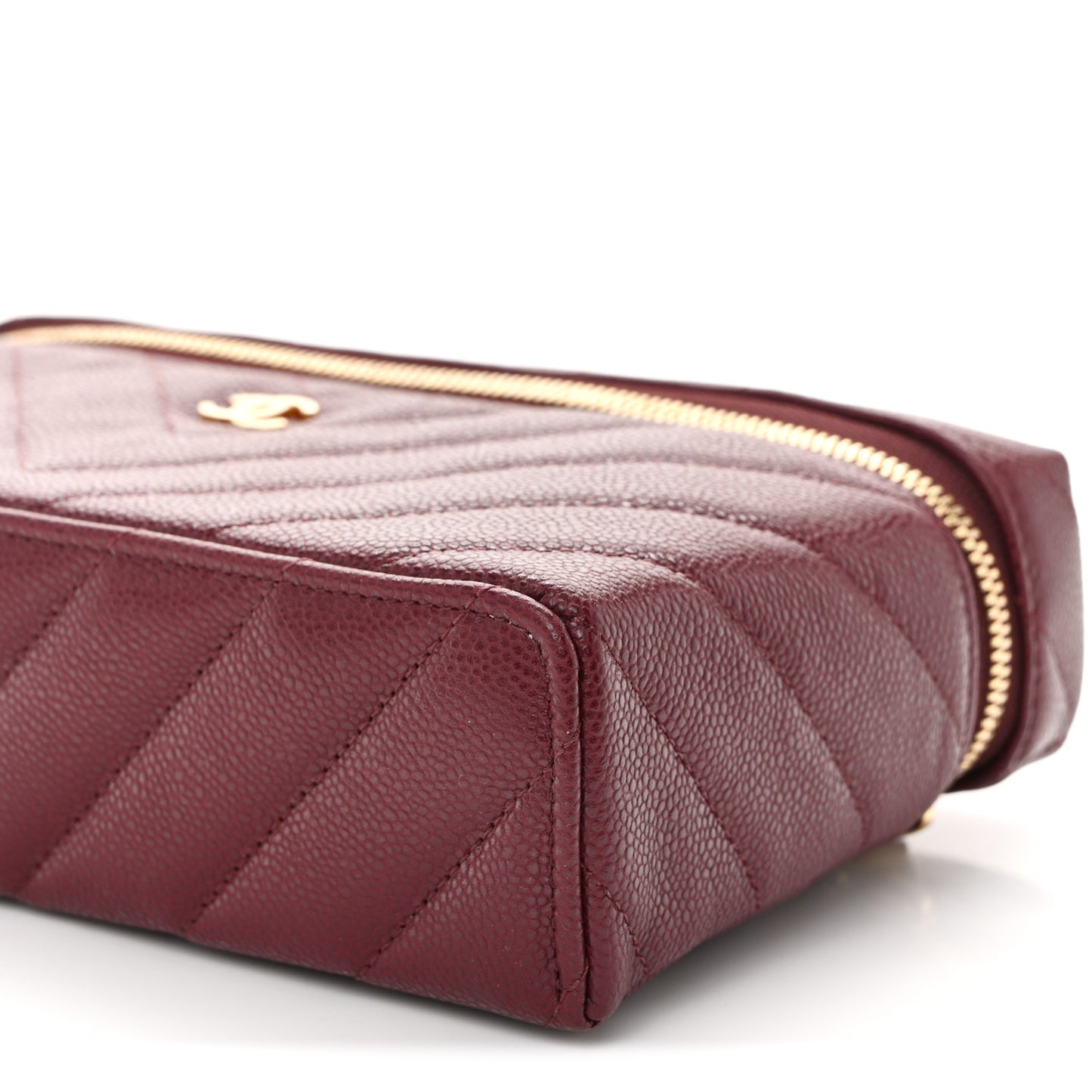 Caviar Chevron Quilted Top Handle Slim Vanity With Chain Black Burgundy