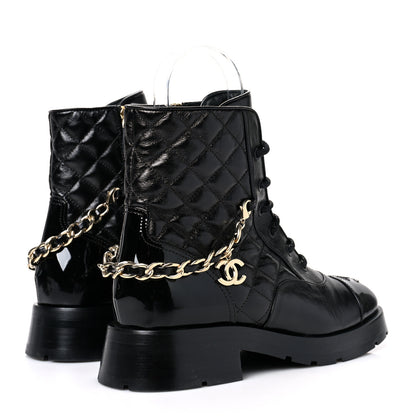 Chanel Shiny Calfskin Patent Quilted Chain Lace Up Combat Boots 37.5 Black 4 of 8