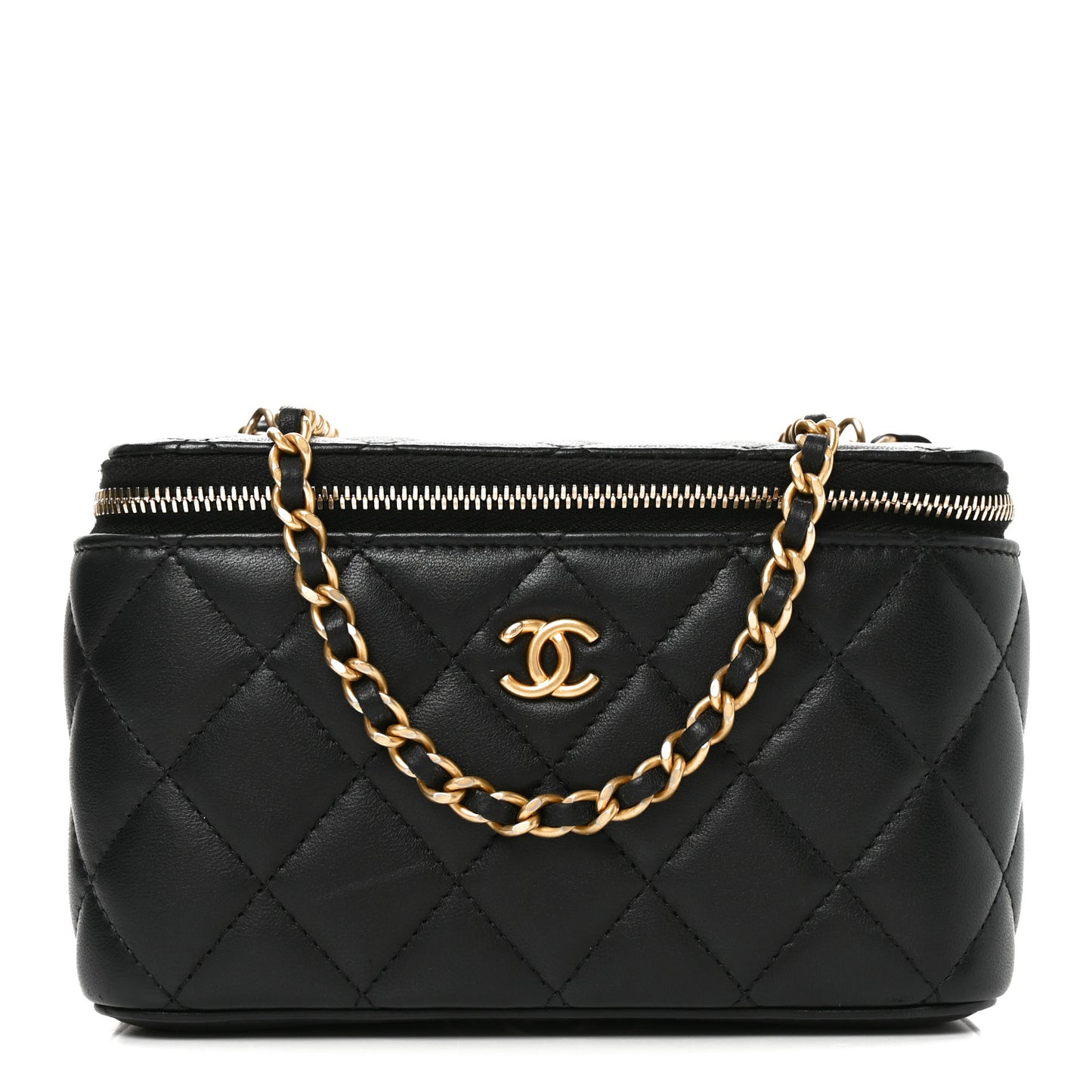 Lambskin Quilted Pearl Crush Small Vanity Case With Chain Black