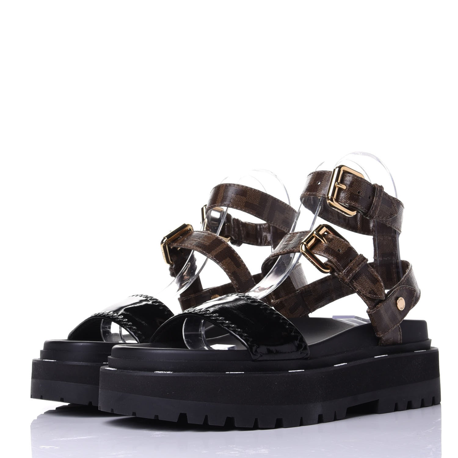 Fendi Patent Glazed Fabric FF Strappy Platform Sandals 35 Black 3 of 11