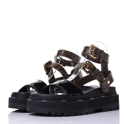Fendi Patent Glazed Fabric FF Strappy Platform Sandals 35 Black 3 of 11